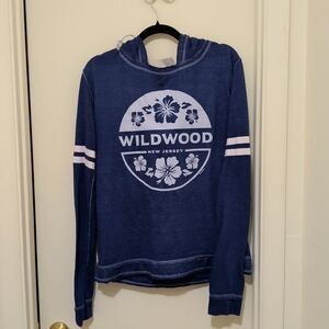 Sunrise Surf Co Wildwood NJ Hoodie Blue Lightweight Graphic Sweatshirt Size M